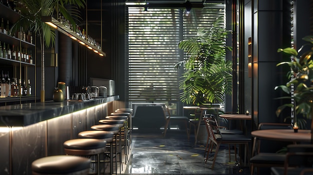 Um bar moderno e elegante com uma atmosfera escura e íntima.