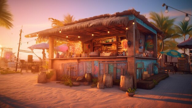 Um bar na praia com o pôr do sol ao fundo