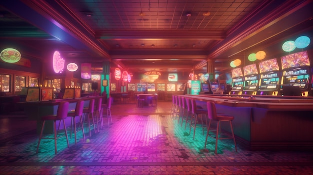 Um bar neon com um bar ao fundo