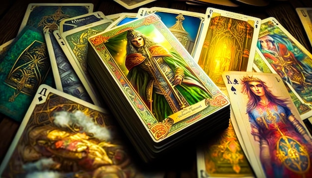 Foto um baralho de cartas de tarot na mesa ia geradora