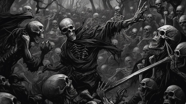 Um bárbaro morto lutando contra uma horda de esqueletos mortos-vivos em um cemitério assombrado Conceito de fantasia Ilustração pintura Generative Ai