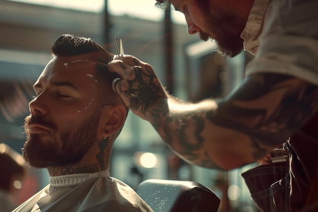 Um barbeiro hipster a pentear o cabelo de um cliente com um desvanecimento.