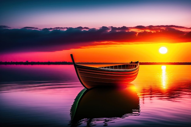 Um barco a remo observa um pôr do sol incrível
