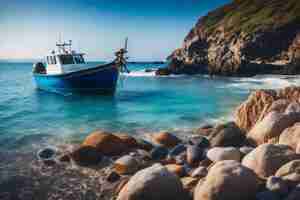 Foto um barco azul e branco está na água perto de uma praia rochosa