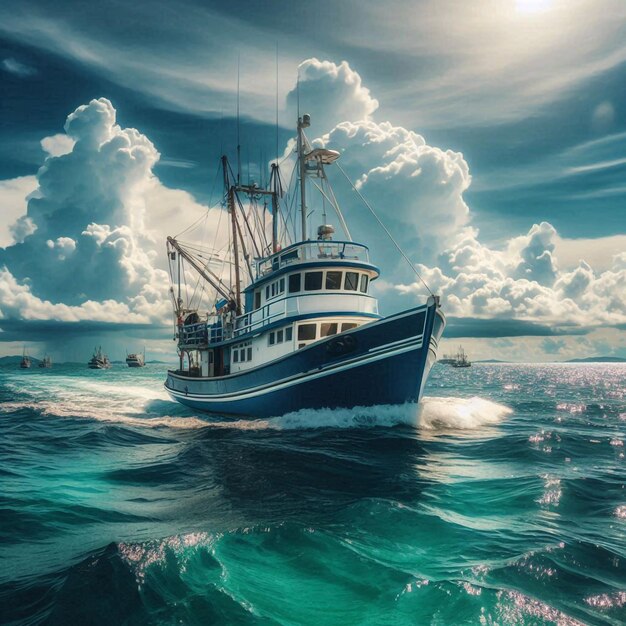 Foto um barco azul e branco está navegando no oceano