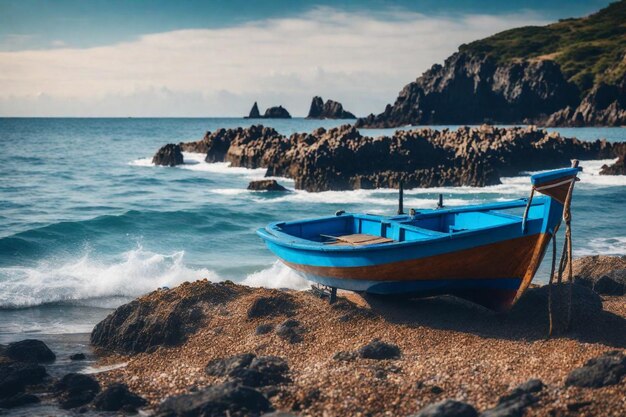 um barco azul e laranja está na praia perto da água