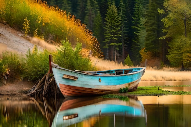 Um barco azul está sentado na água com árvores ao fundo.