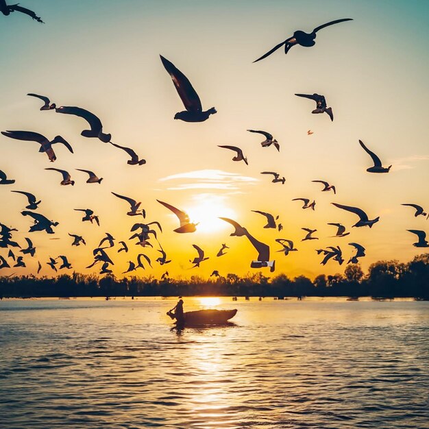 Um barco bonito com pássaros bonitos.