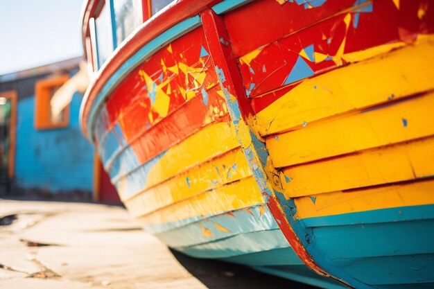 Foto um barco brilhantemente pintado num dia ensolarado