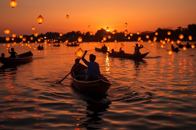 Um barco cheio de lanternas está flutuando na água ao pôr do sol.