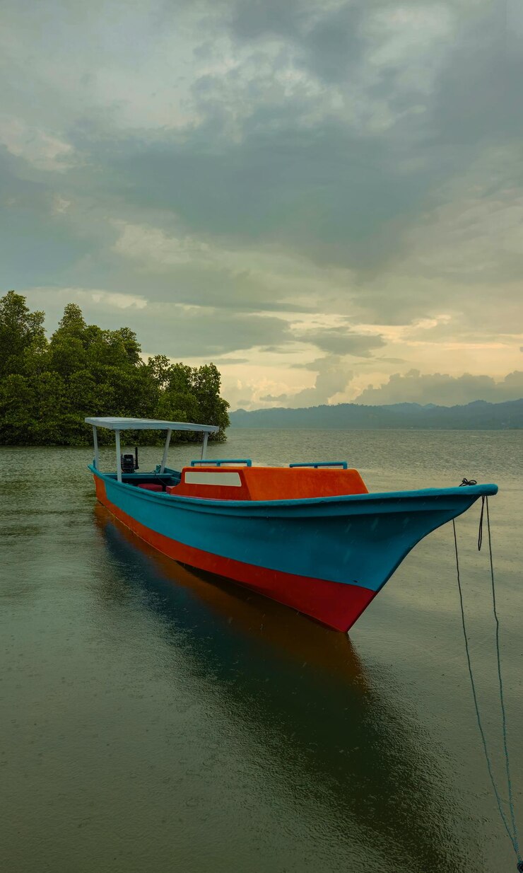 Um barco colorido flutuando na água calma sob um céu nublado