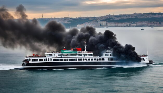 Um barco com fumaça saindo dele e o número 7 no lado