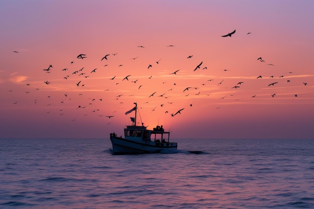 Um barco com um bando de pássaros voando sobre a água