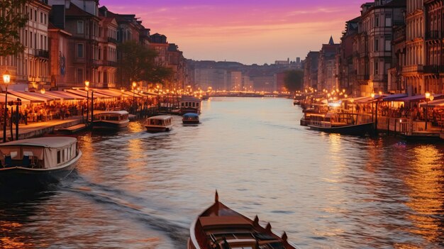 Foto um barco com um barco na água com um céu roxo ao fundo