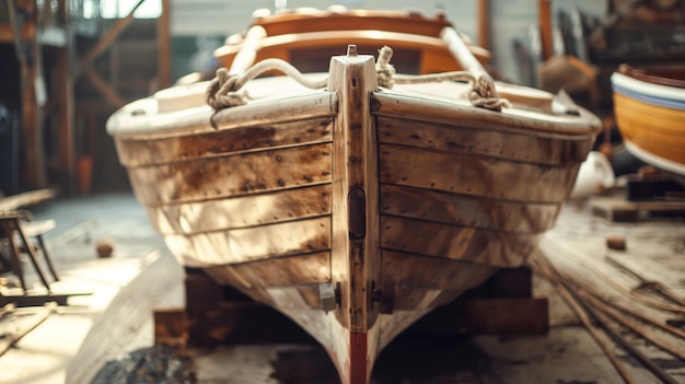 um barco com um casco de madeira senta-se em um galpão