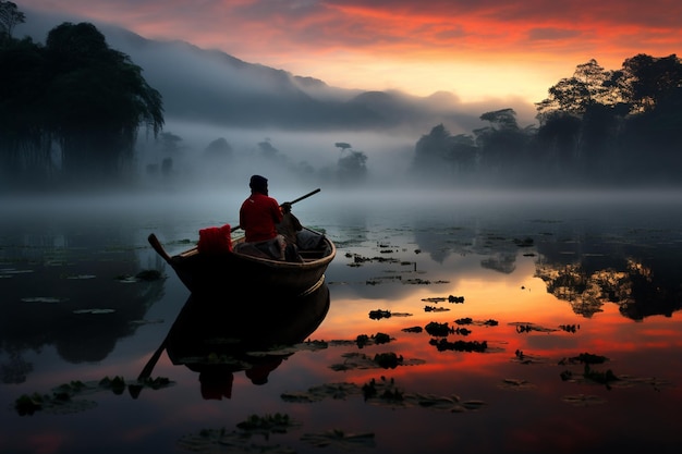 um barco com um céu vermelho e uma montanha ao fundo