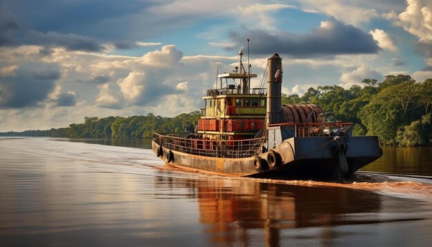 Foto um barco com um grande navio ao lado está na água