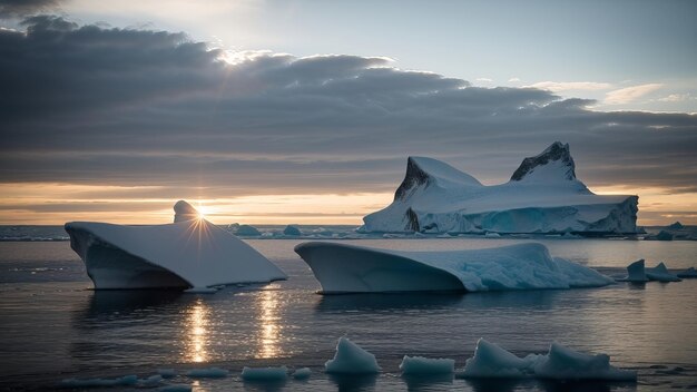 Um barco com um iceberg na água com o sol a brilhar.