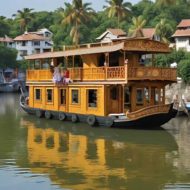 Foto um barco com um telhado amarelo está navegando na água