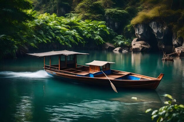 Um barco com um telhado azul está na água.