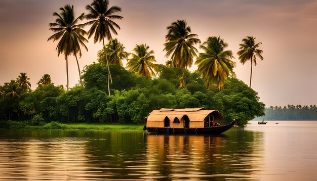 Foto um barco com uma cabana na água com árvores de coco no fundo