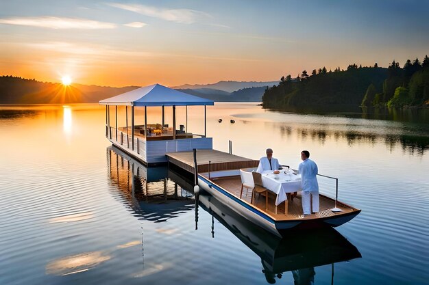 Um barco com uma mesa e dois homens nele.