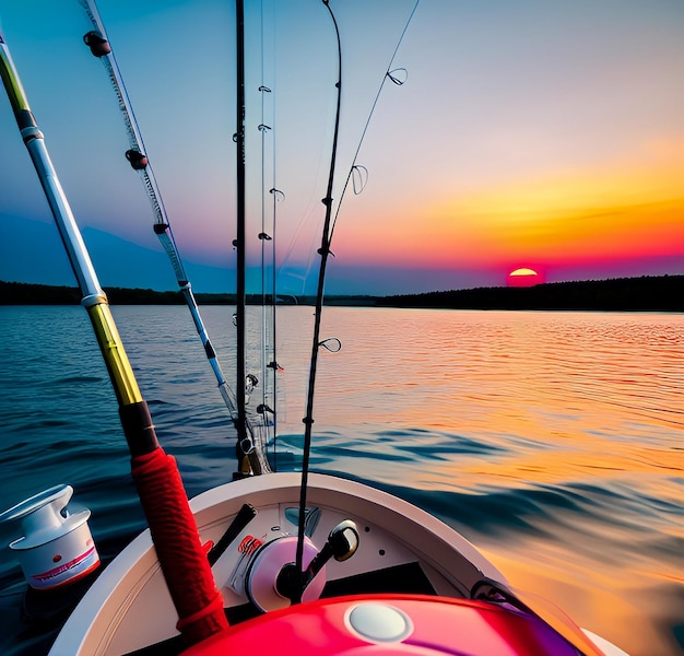 Um barco com varas de pescar e um pôr do sol ao fundo.