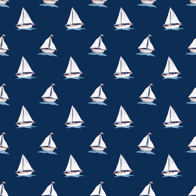 Um barco com velas brancas e uma bandeira nas ondas Padrão sem costura Ilustração em aquarela Um iate a vela com uma faixa vermelha a bordo isolado em um fundo azul Para decoração de estilo marinho