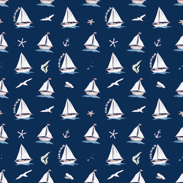 Um barco com velas brancas gaivotas acima da onda padrão sem costura ilustração de aquarela Uma âncora de iate a vela e uma estrela-do-mar estão isoladas em um fundo azul Para decoração de estilo marinho
