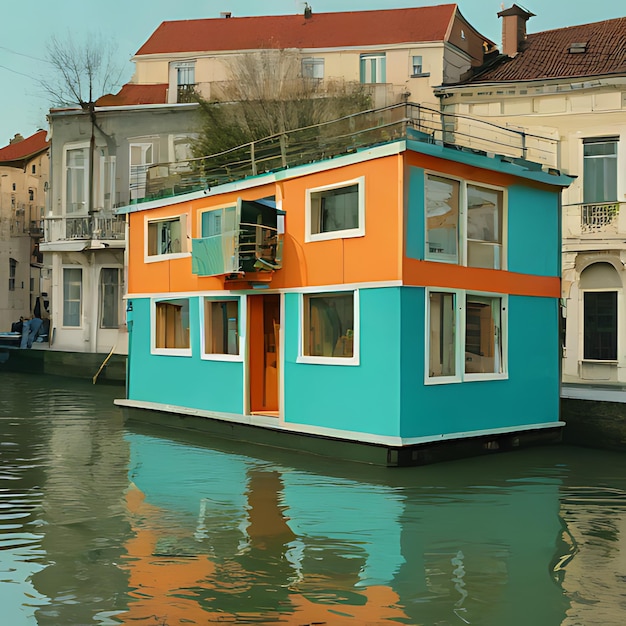 um barco de casa azul com acabamento laranja está na água
