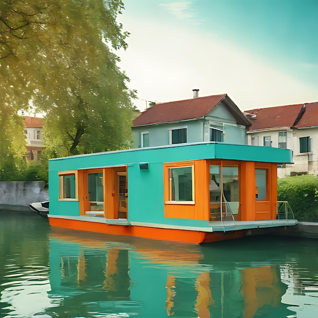 um barco de casa está flutuando na água com uma casa ao lado