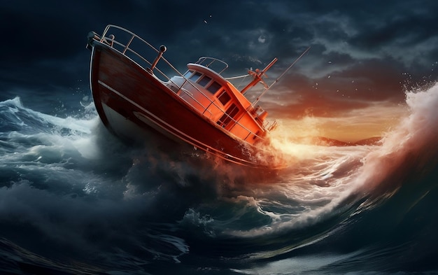 Um barco de descida dramática a afundar-se no vasto oceano.