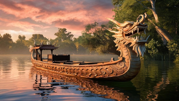 Foto um barco de dragão com um dragão na frente e um dragões na frente