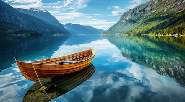 um barco de madeira flutuando em um lago calmo na Noruega