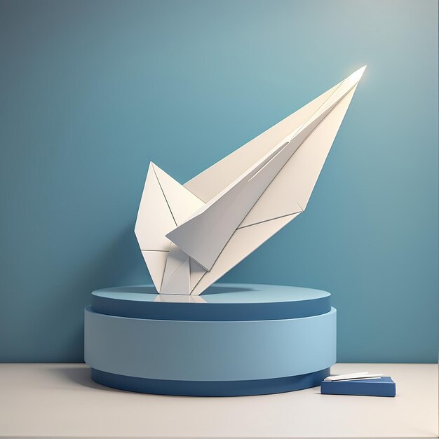 Foto um barco de papel está em uma plataforma azul ao lado de um objeto azul e branco