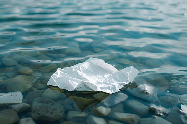Um barco de papel flutuando no topo de um lago cercado por rochas e seixos no