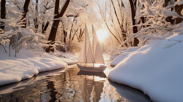 Um barco de papel navega na primavera ao longo de um riacho entre a neve derretida