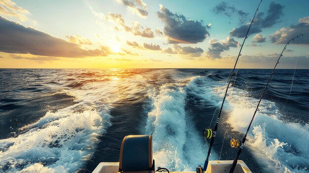 Foto um barco de pesca com varas de pesca no oceano ao pôr do sol o sol está a pôr-se atrás do barco e o céu é um laranja brilhante