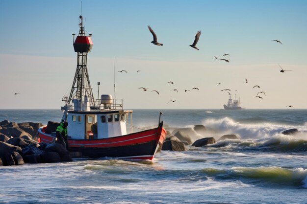 Foto um barco de pesca navega pacificamente na água enquanto gaivotas voam graciosamente em torno dele