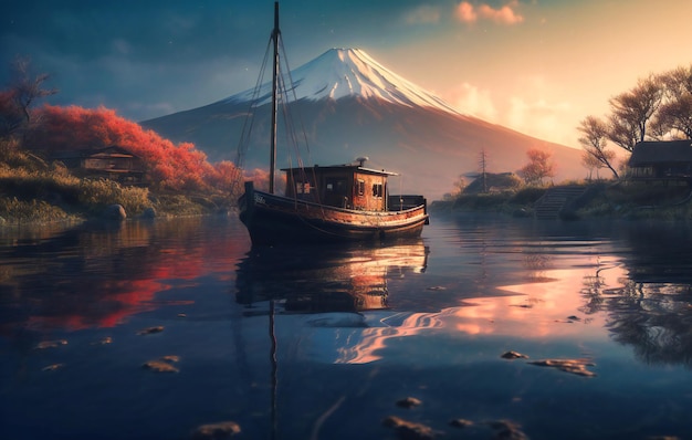 Um barco de pesca refletindo na água ao lado do monte fuji