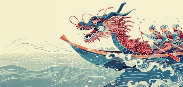 Um barco de remo chinês adornado com uma feroz cabeça de dragão.