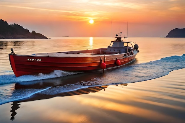 Um barco de resgate vermelho está na água com as palavras 'a guarda costeira' ao lado.