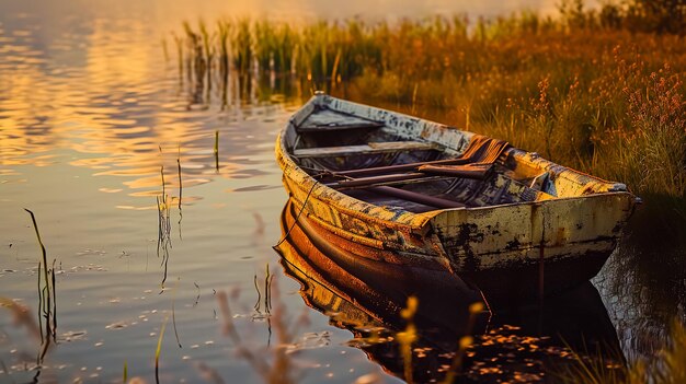 Um barco dilapidado e solitário no lago.