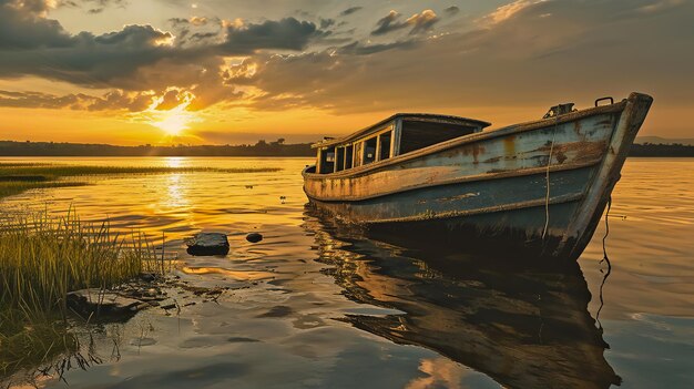 Um barco dilapidado e solitário no lago.