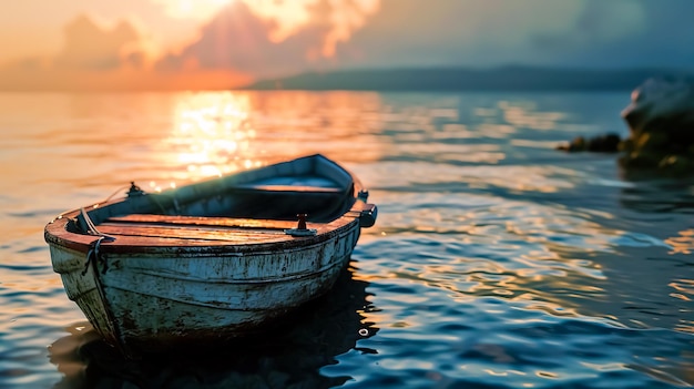 Um barco dilapidado e solitário no lago.