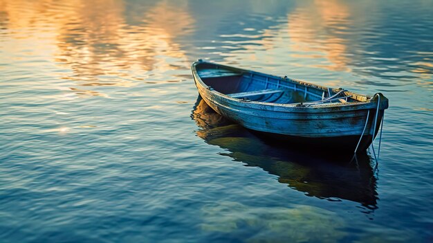 Um barco dilapidado e solitário no lago.