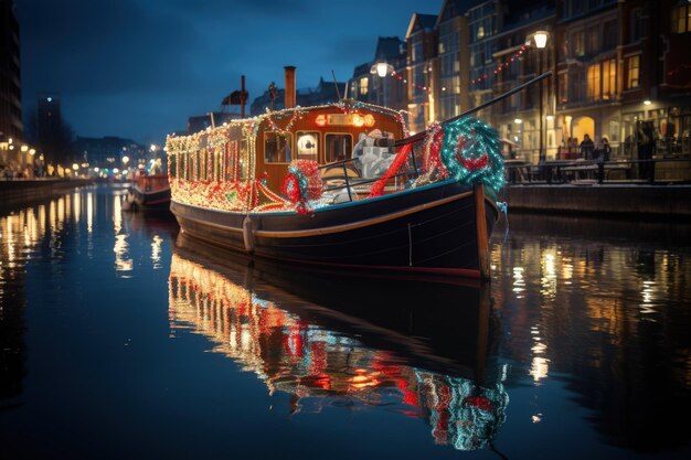 Um barco é decorado com luzes de natal na água