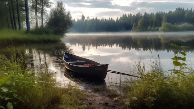 Um barco em um lago com árvores ao fundo