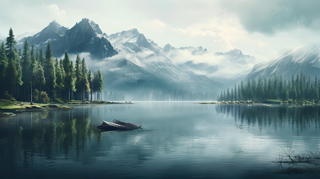 Um barco em um lago com montanhas ao fundo