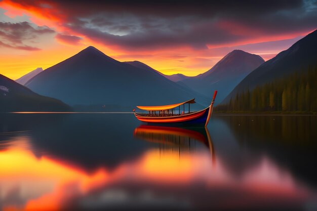 Um barco em um lago com montanhas ao fundo